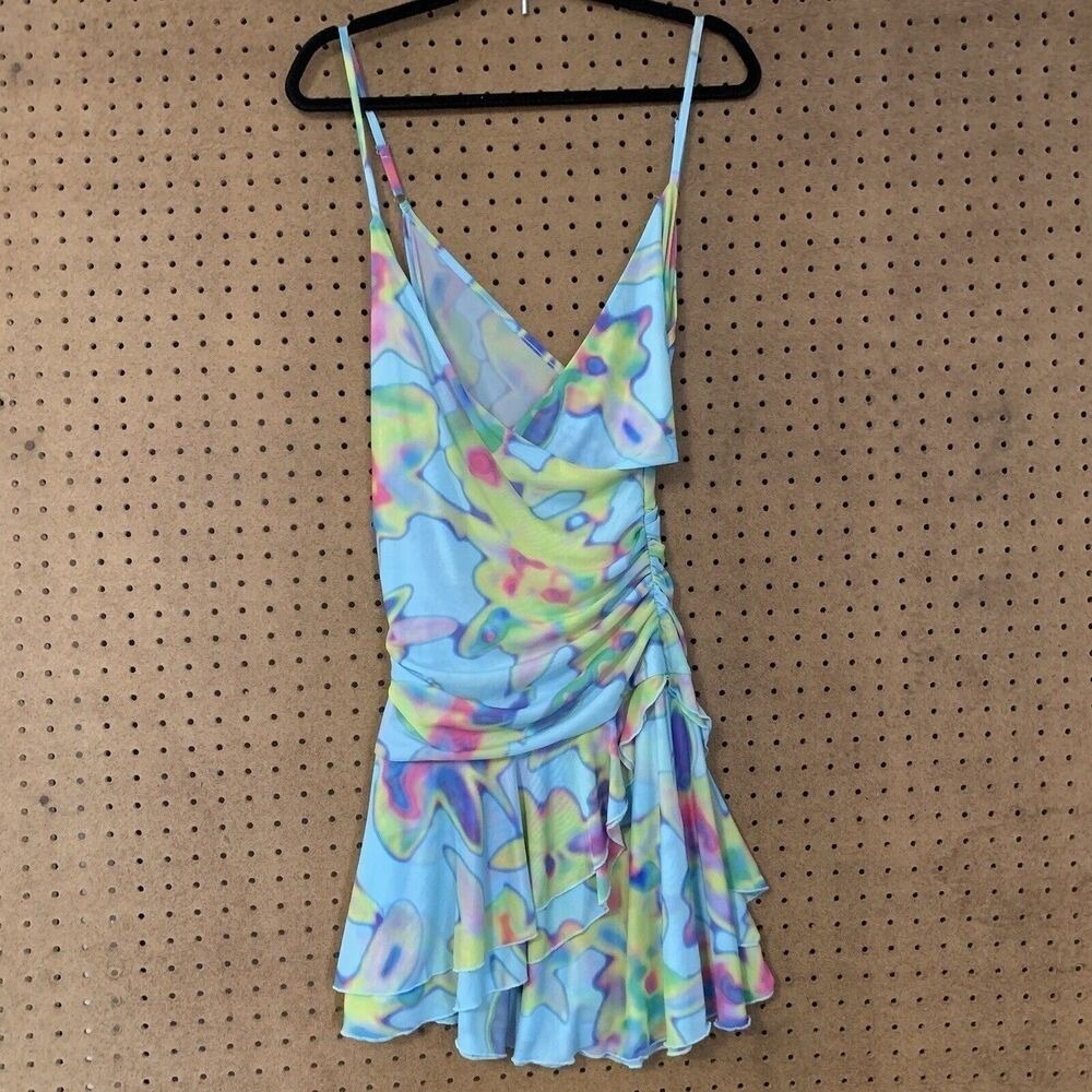 Silence + Noise Mini Dress L Blue Multi Mesh Ruched Ruffle Y2K Festival Rave
